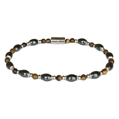 Earth-toned beaded anklet combining the protective energy of Tiger's Eye with grounding magnetic hematite and a secure metal closure.