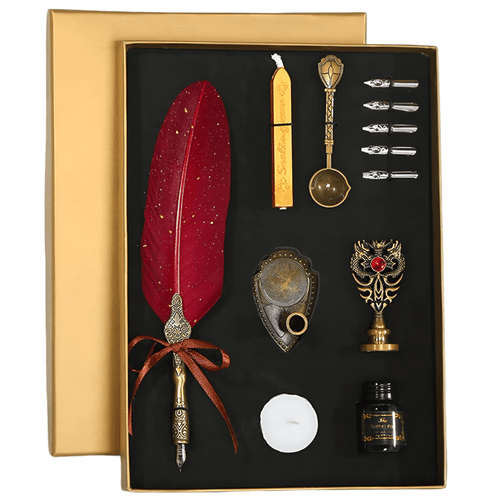 A top-down view of a vintage-style calligraphy and wax seal set presented in an elegant gold-colored gift box with a black velvet-lined interior. The set features ornate, antique-bronze finished tools and a vibrant red quill.