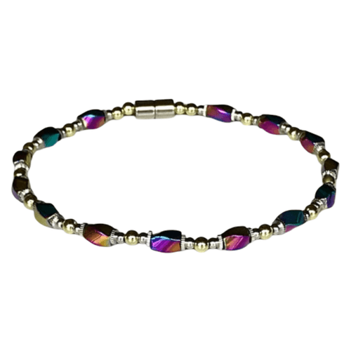 This single-strand jewelry piece is displayed flat, showcasing the alternating patterns of multi-colored iridescent hematite beads and smaller, dark grey and gold-tone spacers, with a functional magnetic clasp.