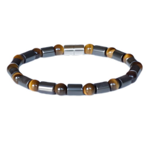A smooth barrel magnetic bracelet made of alternating tiger eye and metallic gray cylindrical beads, featuring a magnetic clasp.
