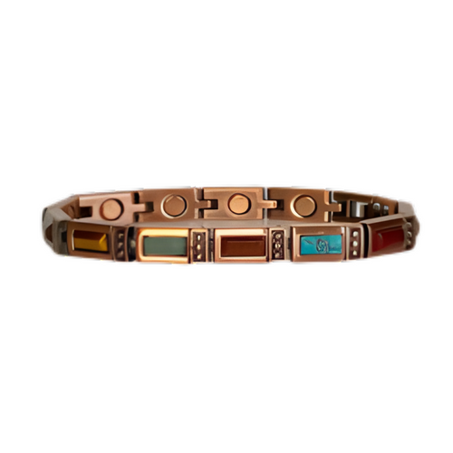 An exquisite copper cuff bracelet showcasing different panels of blue, red, brown, and green natural stones, with a focus on its polished finish and unique circular links