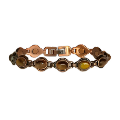 Handcrafted mixed-metal magnetic therapy bracelet with gemstone cabochons. This detailed jewelry piece is shown flat, highlighting the intricate pattern of bezel-set tiger's eye and green gemstones in dark, aged metal links, contrasting with the bright, polished copper central clasp and magnetic shield sections.