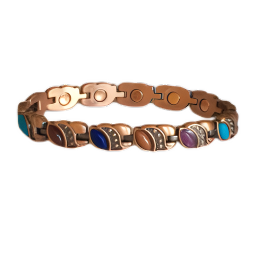 A rustic-chic copper link bracelet on a pure white background, featuring a vibrant mosaic of multi-colored gemstones (turquoise, malachite, jasper) and decorative metal accents
