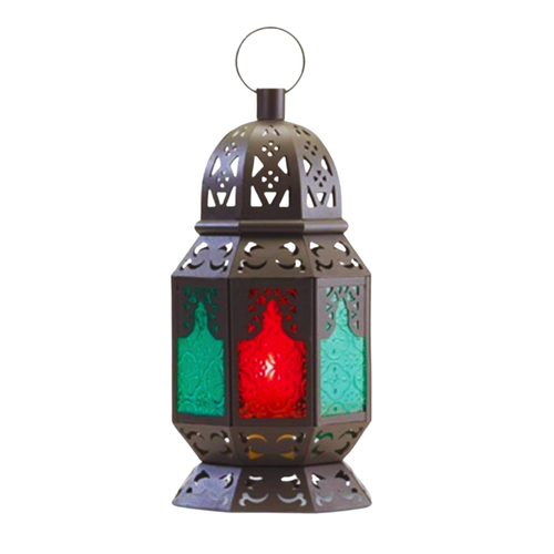Ornate black iron Moroccan lantern featuring intricate cutout filigree metalwork and vibrant, multicolored embossed glass panels.