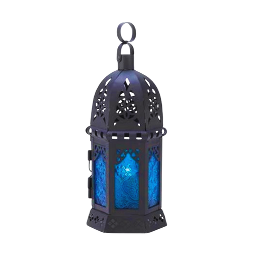 A matte black iron Moroccan lantern featuring a rounded dome with intricate floral cutouts, a top hanging loop, and embossed cobalt blue glass panels illuminated from within.