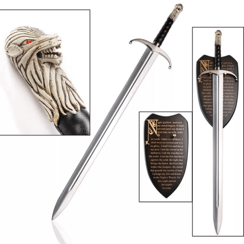 Game of Thrones Longclaw sword replica featuring a 440 stainless steel blade, an intricate white wolf head pommel, and a black leather-wrapped grip.