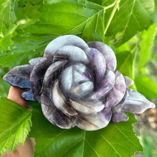 Top view of a polished amethyst rose carving with layered crystal petals resting on green leaves outdoors.