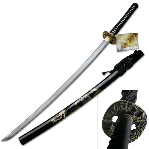 Dragon Sheath Damascus katana with a curved blade and black cord-wrapped handle, featuring a decorative zinc alloy tsuba with a dragon design, displayed alongside a lacquered scabbard with a colorful dragon print.