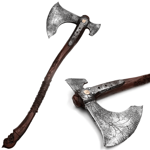Giant foam axe resembling the Leviathan Axe from "God of War," featuring a silver-gray double-bladed head with intricate engravings and a dark reddish-brown, textured handle.