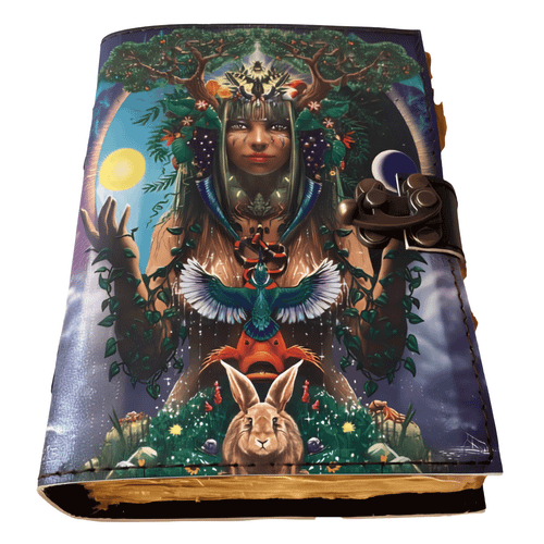 Night and Day Nature Spirit premium leather journal featuring colorful nature-inspired cover artwork