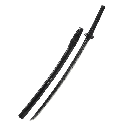 Full-length view of the Black Drip High Quality Katana displaying a sleek black finish blade, dark wrapped hilt, and matching black scabbard.