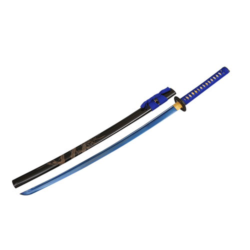 Handmade folded steel high quality katana with a polished curved blade, traditional gold-toned tsuba guard, and blue wrapped handle, displayed alongside its matching blue scabbard.