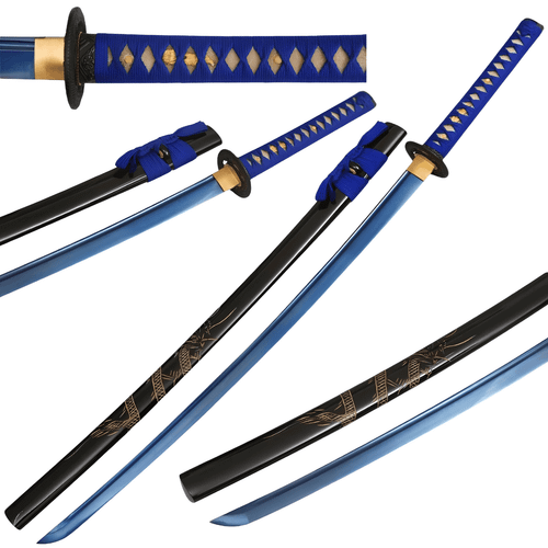 Handmade katana with a blue-folded steel blade and blue cotton-wrapped handle, featuring a black scabbard with decorative patterns.