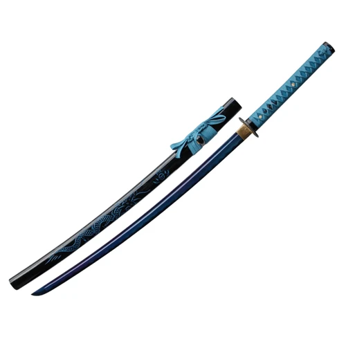 Seiryu Azure Dragon high quality katana with a dark curved blade, blue-wrapped handle, and matching blue scabbard displayed side by side.