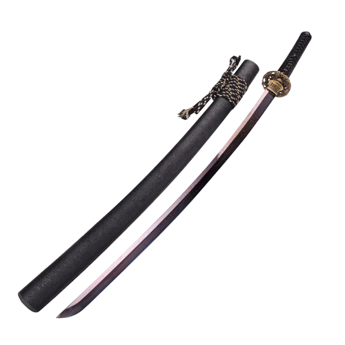 Purple Folded Steel High Quality Katana displayed with its sleek black scabbard and intricate gold-accented sword fittings.
