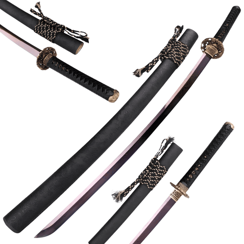 Purple folded steel katana with intricate dragon-designed fittings and a black cord-wrapped grip, shown from various angles.