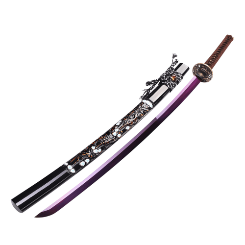 Full length view of a handmade purple katana featuring a dark patterned scabbard, traditional brown tsuka-ito handle wrap, and ornamental metal fittings.