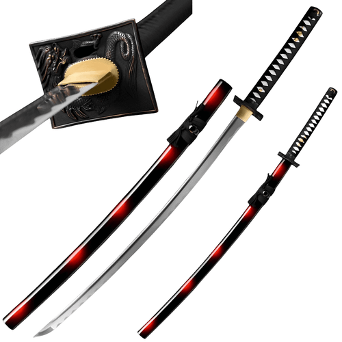 Handmade katana with a polished high-carbon steel blade, black and red scabbard, and intricately designed dragon tsuba.