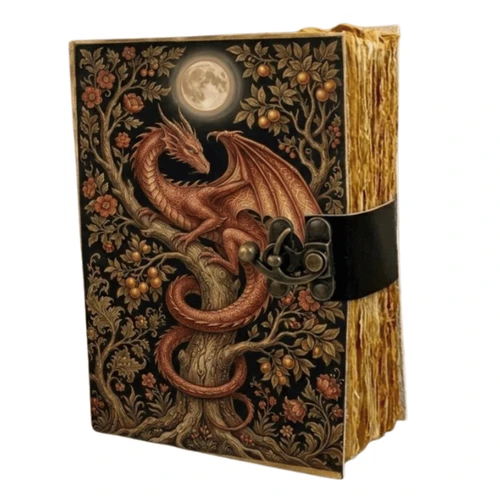 Red Dragon Premium Leather Journal front cover featuring an embossed red dragon design, antique metal lock closure, and decorative leather stitching.