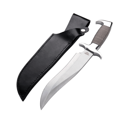 Highlander Bowie knife with curved stainless steel blade and black leather sheath.