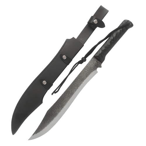Outdoor hunting knife with a black fixed blade and matching sheath displayed from multiple angles.