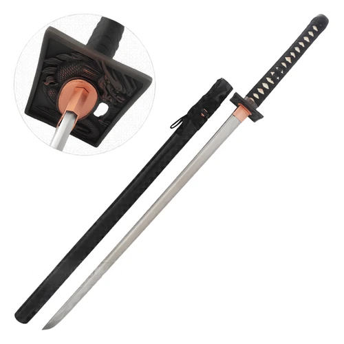 Full view of a high quality black carbon steel katana displayed alongside its matching sheath.