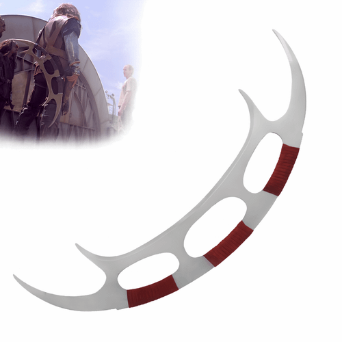 Large curved blade featuring sweeping crescent-shaped steel edges and dark red accent details.