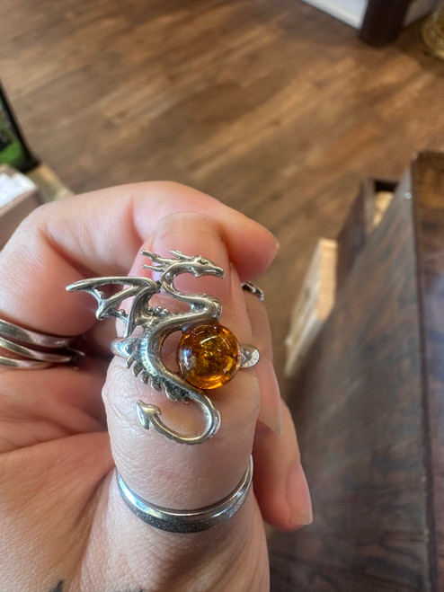 Dragon and Amber Sterling Silver Ring