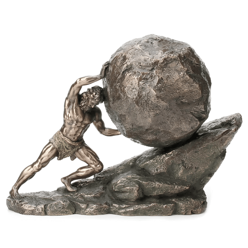 Cold-cast bronze Sisyphus sculpture pushing a massive boulder up a steep rocky slope.