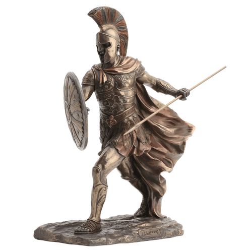 Cold-cast bronze statue of Achilles wearing ornate armor, flowing cape and a crested helmet, holding a round shield and spear.