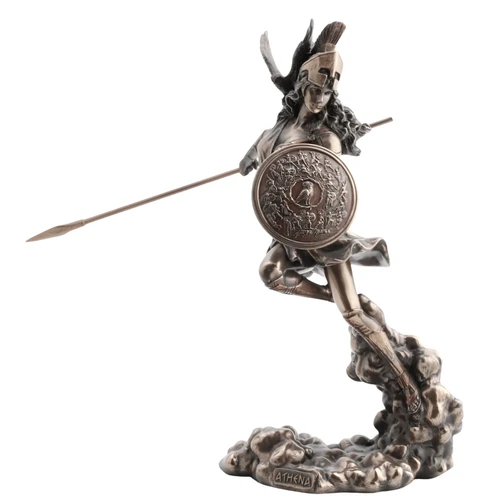 Greek Goddess Athena bronze-style statue holding a long spear and round shield, standing on a sculpted decorative base.