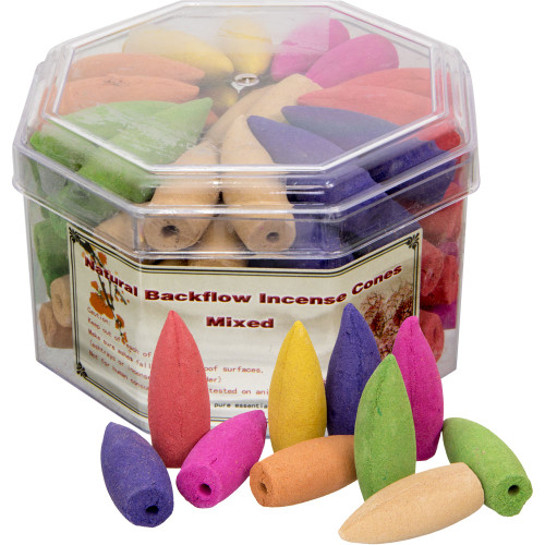 Mixed 70 Count Backflow Cones in assorted colors displayed in clear container, featuring scented incense cones for waterfall backflow incense burners and relaxing aromatherapy spaces.