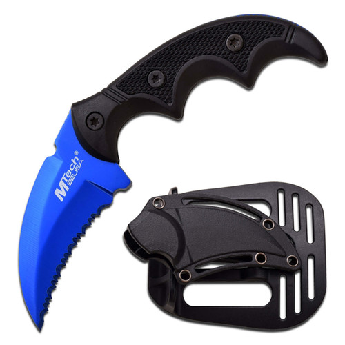 A fixed-blade karambit knife featuring a vibrant electric blue hawkbill blade with a partially serrated edge. The blade is branded with the "MTech USA" logo in silver. The ergonomic handle is made of textured black polymer with deep finger grooves and three exposed hardware screws for a secure grip. Accompanying the knife is a matching black hard-shell paddle holster designed with multiple slots for various belt attachment configurations.