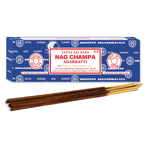 Brown Nag Champa Satya incense sticks with bamboo stems, displayed outside the blue packaging.