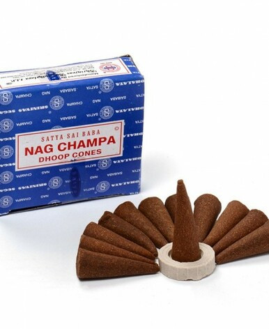 A 12-pack box of Satya Sai Baba Nag Champa dhoop cones displayed with their iconic blue packaging and included mini burning stand.