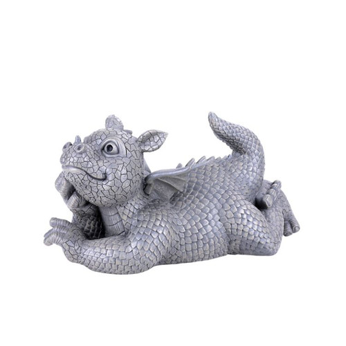 Whimsical Garden Dragon Daydreaming statue featuring a relaxed baby dragon with realistic scales, small wings, and a playful expression.