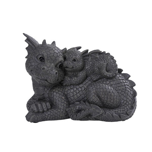 Dark gray statue of a larger dragon with a smaller dragon resting against its side, both featuring detailed scales and expressive faces.