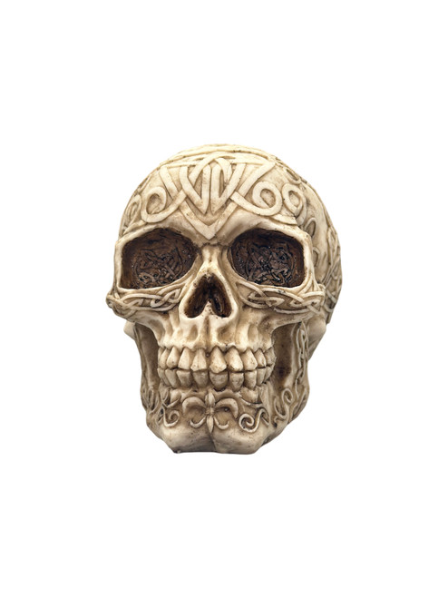 Front view of a cold-cast resin Large Celtic Skull statue featuring intricate Celtic knotwork and antique bone detailing.