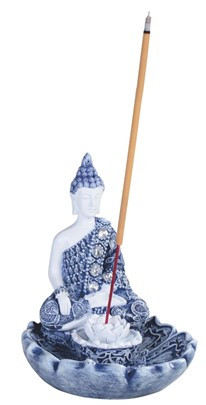 Blue and white Buddha incense burner with intricate floral patterns, with a burning incense stick in a decorative ceramic incense holder.