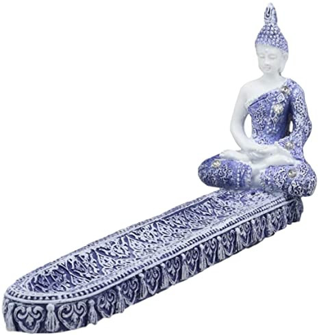 Blue and white porcelain style Buddha incense burner with a detailed ceramic ash catcher tray featuring intricate floral patterns and a seated Buddha figure.