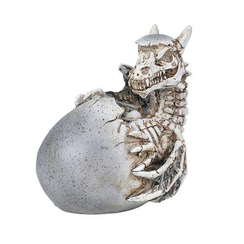 A skeleton dragon emerging from a cracked white egg with speckled patterns, featuring detailed bones and a fierce expression.