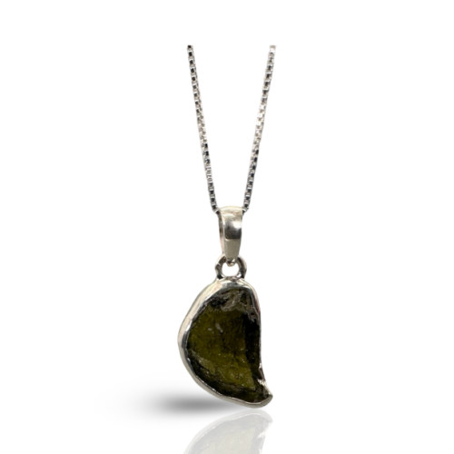Rough Moldavite necklace with a natural raw Moldavite gemstone in a sterling silver setting on a sterling silver chain.