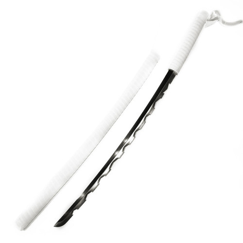 Inosuke's Demon Slayer sword, with its black, jagged blade and white-wrapped hilt and scabbard