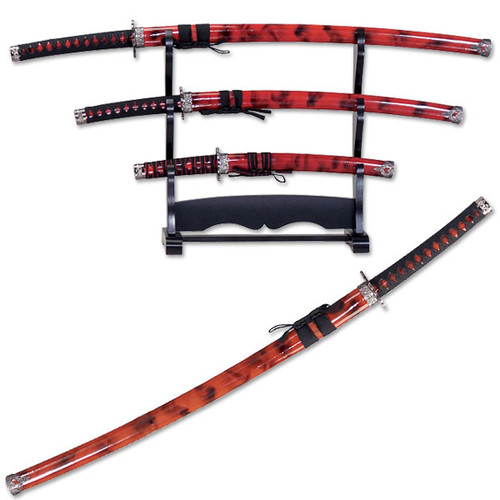 Red and black samurai sword set with stand, featuring three decorative Japanese katana swords with glossy marbled scabbards and matching wrapped handles, plus one unsheathed katana displayed below—ideal for collectors, home décor, or martial arts display.