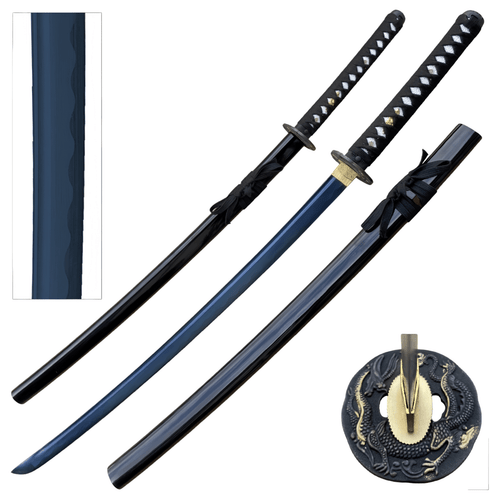 Ultra blue high-quality katana sword with carbon steel blade, black cord-wrapped handle, and detailed dragon tsuba in a black lacquer scabbard.