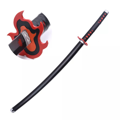 Tanjiro's Demon Slayer Sunbreathing Sword, black with a red diamond-patterned hilt and a flame-shaped guard, is shown diagonally. A close-up of the hilt is in the top-left.