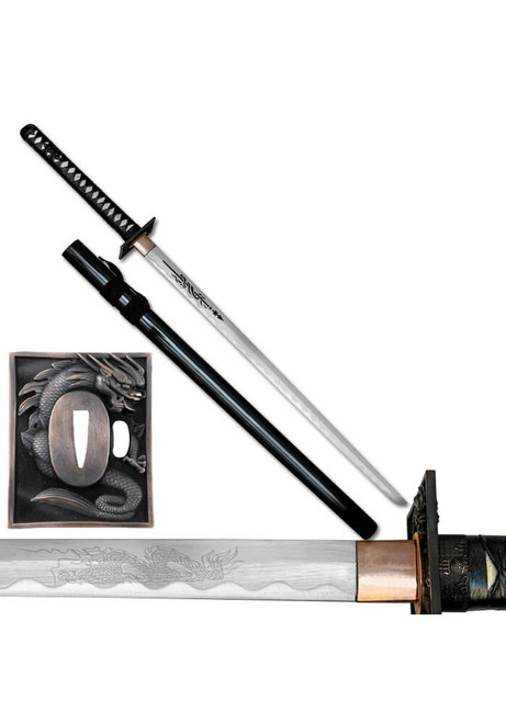 A Ten Ryu Ninjato featuring a straight carbon steel blade with an etched dragon design. The sword has a square bronze-finished tsuba with a highly detailed relief of a dragon and a traditional black cord-wrapped handle over white ray skin.
