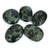 Five smooth, oval Kambaba Jasper palmstones, polished to a high sheen. The stones are dark green with swirling patterns of black and lighter olive-green, featuring prominent dark, circular "eyes" or orbs throughout the mineral. Five smooth, oval Kambaba Jasper palmstones, polished to a high sheen. The stones are dark green with swirling patterns of black and lighter olive-green, featuring prominent dark, circular "eyes" or orbs throughout the mineral.