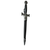 Polished steel sword hanger holding a decorative black-handled sword with an intricate cross-designed hilt.