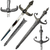 Silver-colored Egyptian dagger with winged scarab crossguard, hieroglyphic-engraved scabbard, and separate views of the handle and blade.